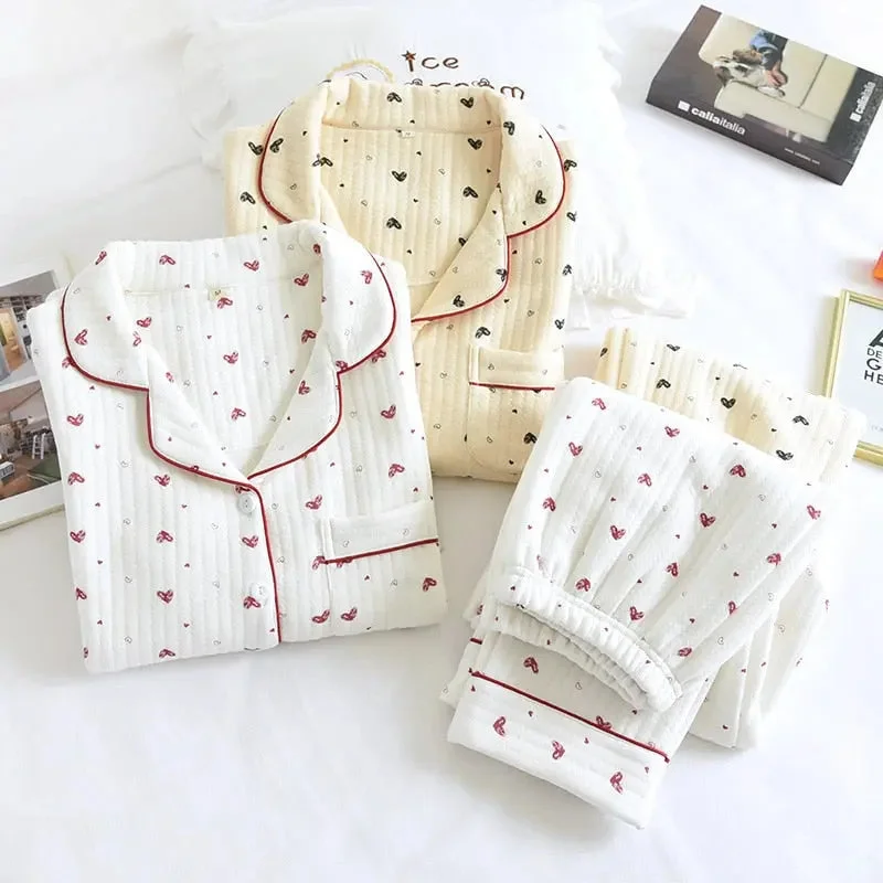 Autumn Winter Cute Pajamas Set Sleepwear Thicken Warm Cotton Female Long Sleeve Trousers Pijama Suit Trousers Vintage Classic
