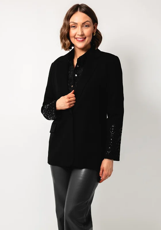 Esqualo Embellished Sleeve Blazer, Black Women's Solid Blazer