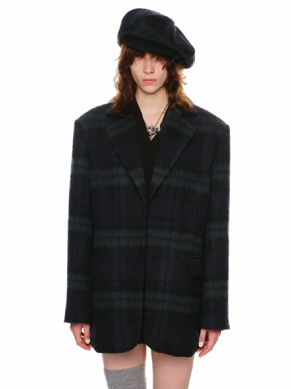 Oversized Green Plaid Woolen Blazer Women's Plaid Suit