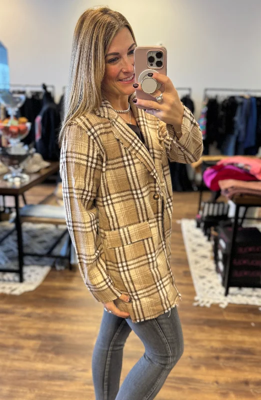 Pull It Together Plaid Blazer - Beige Plaid Silk Women's Blazer