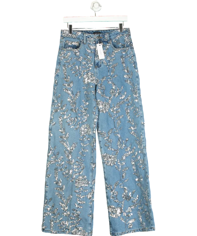 Karen Millen Blue Denim All Over Floral Sequin Wide Leg Trousers UK 10 Trousers Low Rise Relaxed